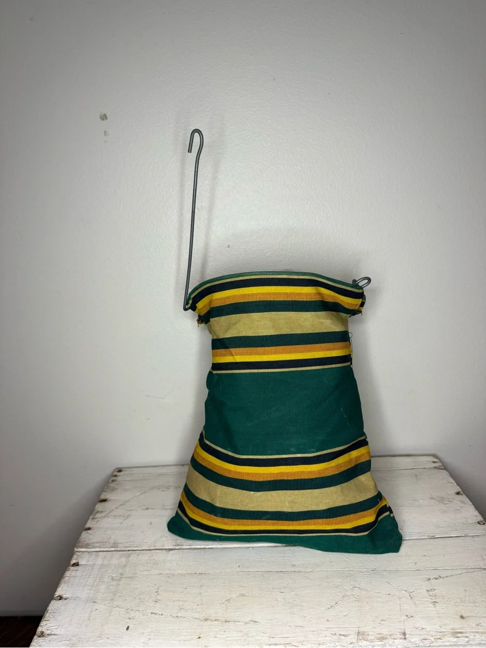 Vintage Fabric Clothes Pin Bag Metal Line Hanger With Pins Stripe Fabric